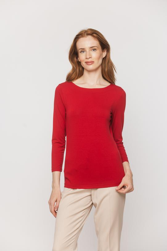 A classic red blouse with a boat neckline and 3/4-length sleeves - 1