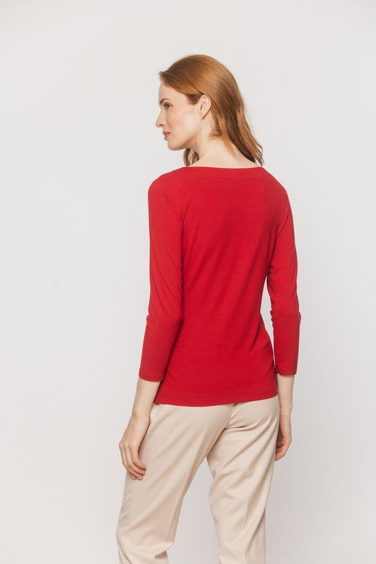 A classic red blouse with a boat neckline and 3/4-length sleeves - 3