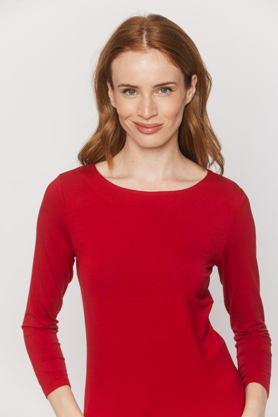 A classic red blouse with a boat neckline and 3/4-length sleeves - 2