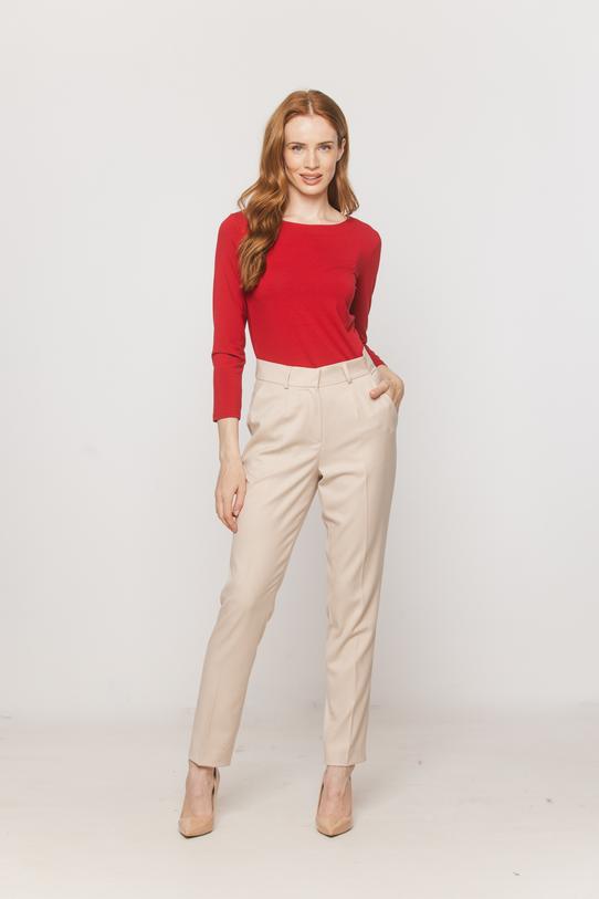 common:product-alt-prefix A classic red blouse with a boat neckline and 3/4-length sleeves