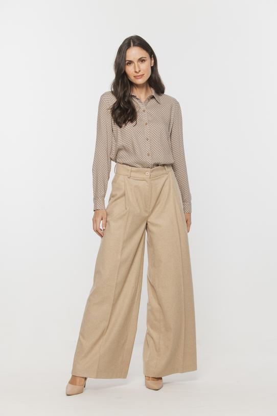 Wizualizacja Klasyczne beżowe spodnie w kant z dodatkiem wełny