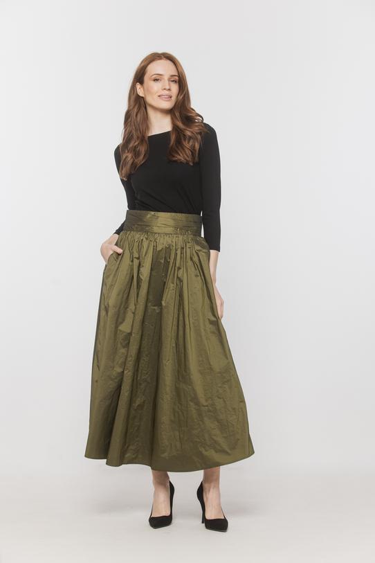 Wizualizacja Koktajlowa oliwkowa spódnica z połyskującej tafty