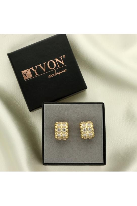 Elegant gold semi-circular earrings with clear cubic zirconia stones - 1