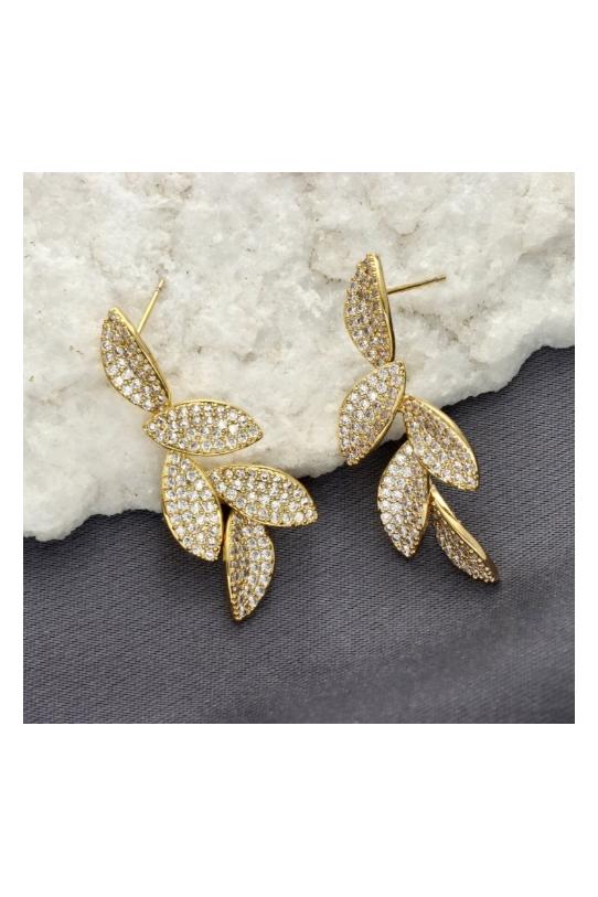 Elegant gold leaf-shaped earrings set with cubic zirconia - 1