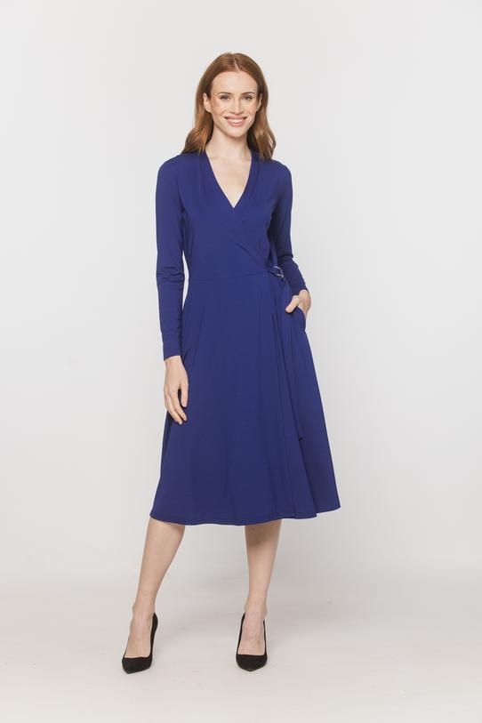 common:product-alt-prefix A plain wrap-around dress made from sapphire-coloured knitwear