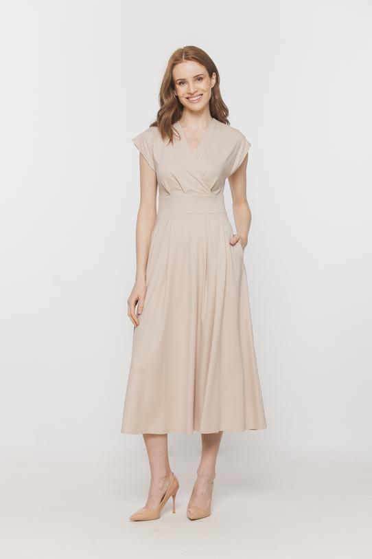 Wizualizacja Kopertowa sukienka z beżowej dzianiny wiskozowej