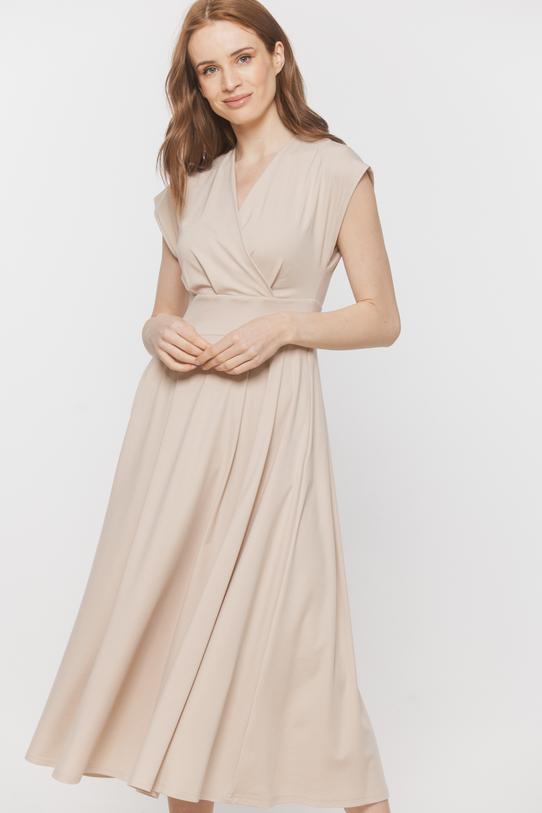 Kopertowa sukienka z beżowej dzianiny wiskozowej - 2