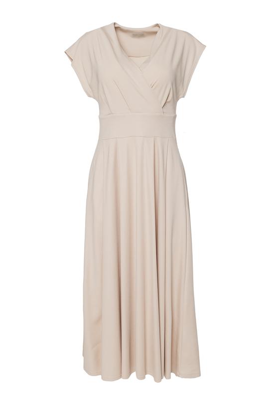 Kopertowa sukienka z beżowej dzianiny wiskozowej - 1