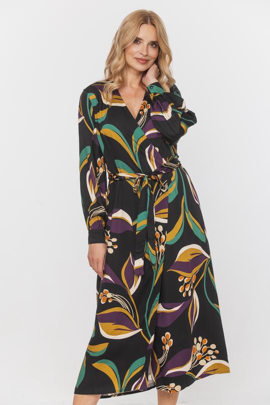 Kopertowa wiskozowa sukienka midi z długim bufiastym rękawem - 2