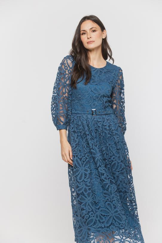 Koronkowa sukienka midi w odcieniu denim z podkreśloną talią - 2