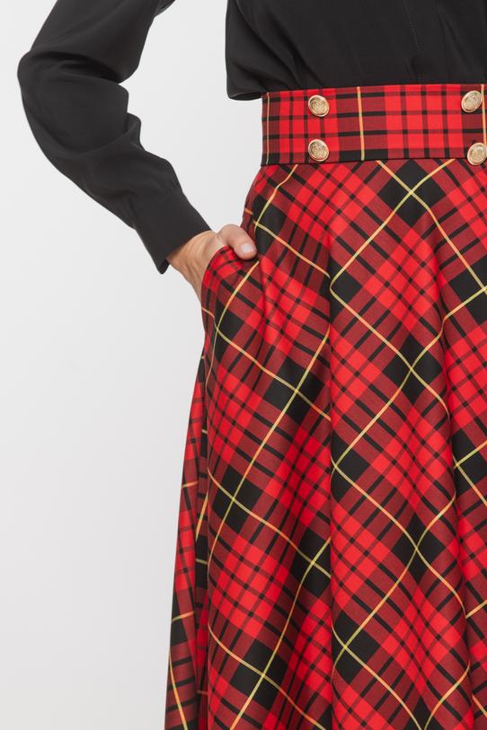 Kraciasta rozkloszowana spódnica ze złotymi guzikami - 3