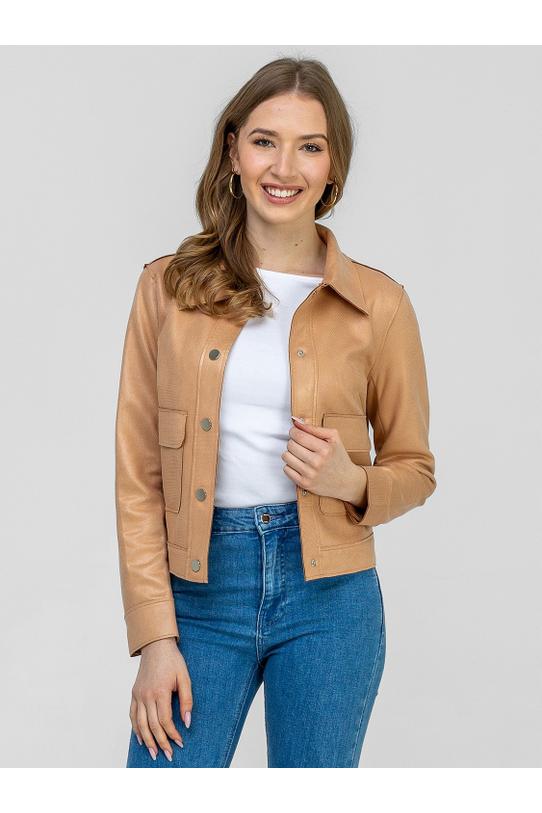 Krótka morelowa kurteczka z naszywanymi dużymi kieszeniami - 4