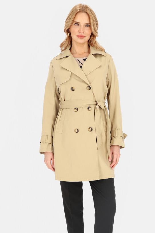 Krótki dwurzędowy beżowy trencz z paskiem i podszewką - 1