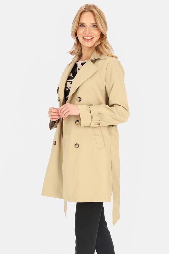 Krótki dwurzędowy beżowy trencz z paskiem i podszewką - 2