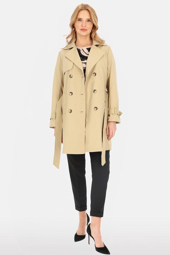 Krótki dwurzędowy beżowy trencz z paskiem i podszewką - 3