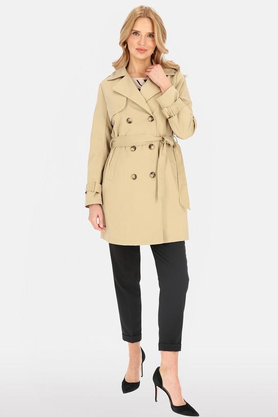 Wizualizacja Krótki dwurzędowy beżowy trencz z paskiem i podszewką