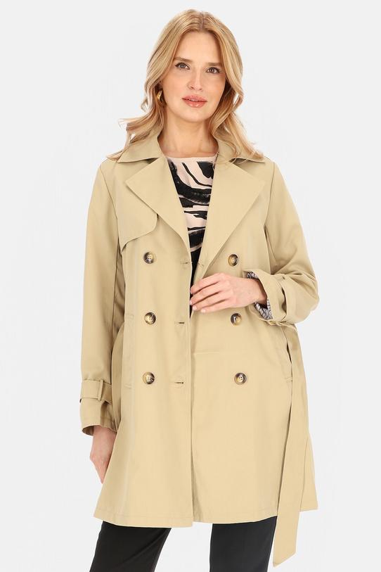 Krótki dwurzędowy beżowy trencz z paskiem i podszewką - 4