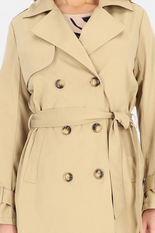 Krótki dwurzędowy beżowy trencz z paskiem i podszewką - 5