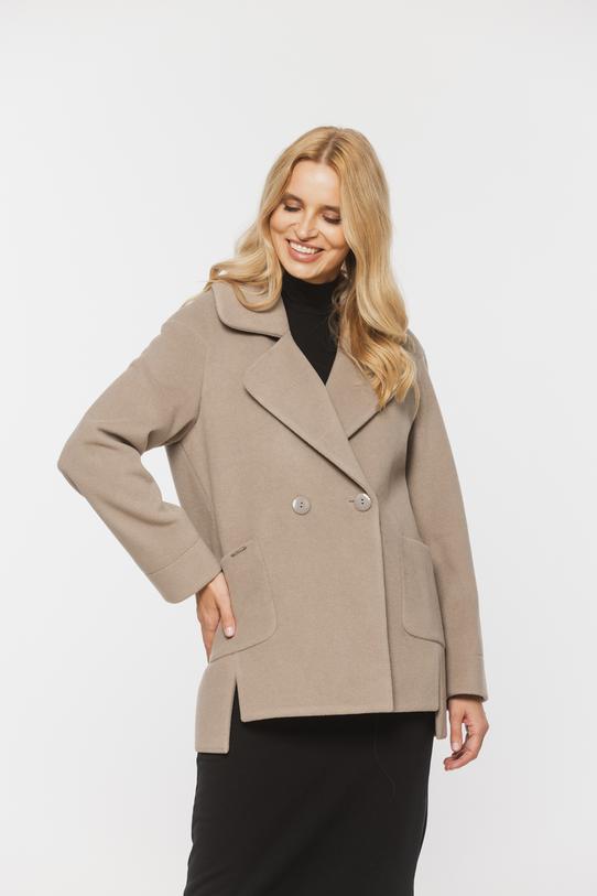 Krótki dwurzędowy płaszcz z wełną i alpaką w odcieniu taupe - 3