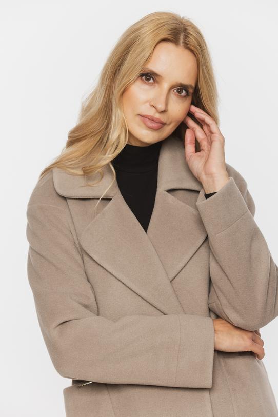 Krótki dwurzędowy płaszcz z wełną i alpaką w odcieniu taupe - 5