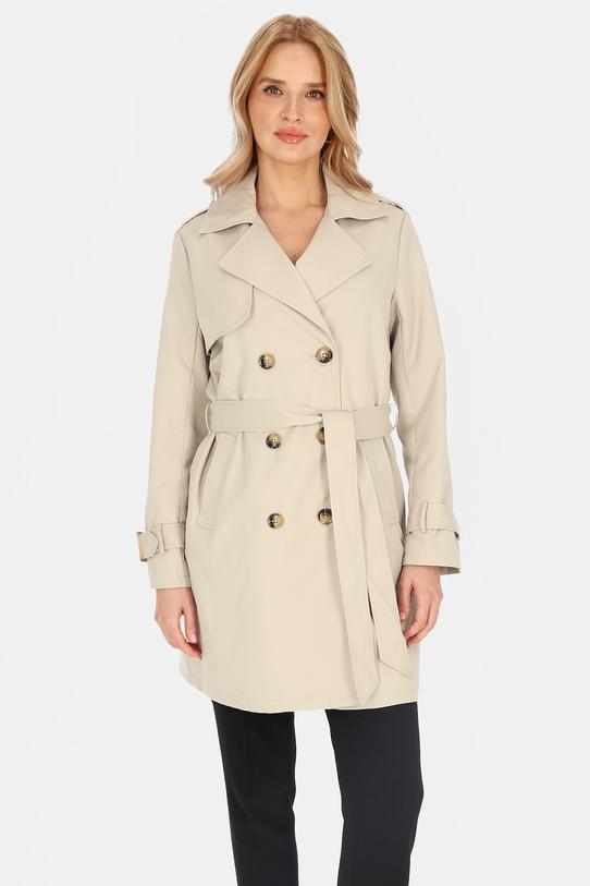 Wizualizacja Krótki dwurzędowy trencz jasnobeżowy z paskiem i podszewką