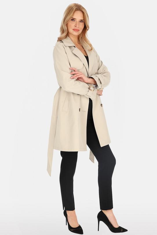 Krótki dwurzędowy trencz jasnobeżowy z paskiem i podszewką - 2