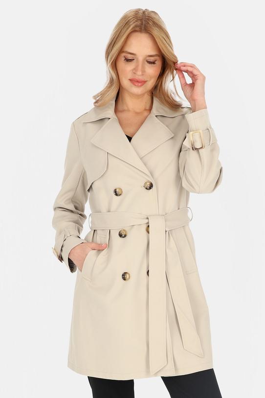 Krótki dwurzędowy trencz jasnobeżowy z paskiem i podszewką - 1