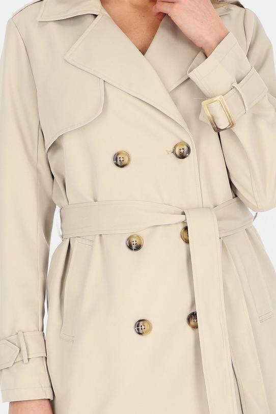 Krótki dwurzędowy trencz jasnobeżowy z paskiem i podszewką - 5