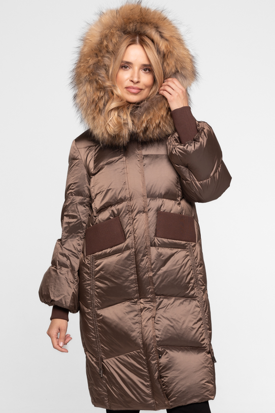 Brązowa zimowa kurtka z połyskującej tkaniny - 3