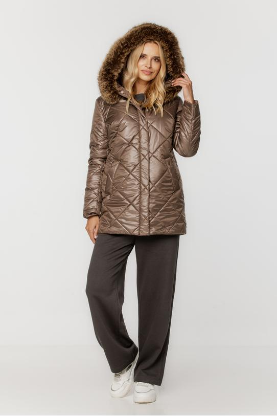 Wizualizacja Pikowana brązowa kurtka z ociepleniem i kapturem