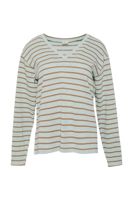 Lekki seledynowy sweterek w brązowe paski - 1