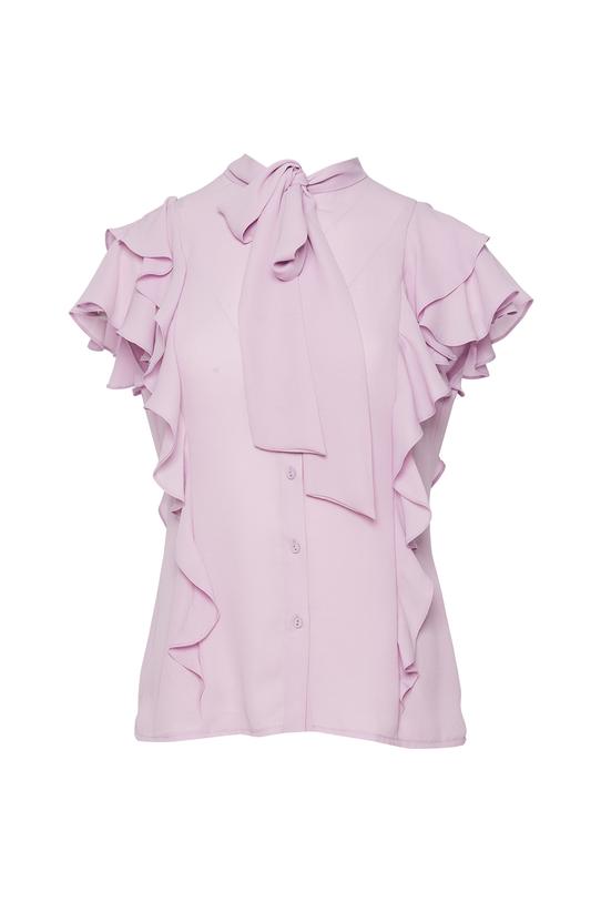 Liliowa zwiewna bluzka z falbankami i wiązaniem - 1
