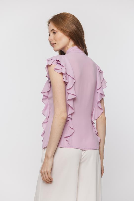Liliowa zwiewna bluzka z falbankami i wiązaniem - 3