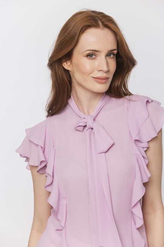 Liliowa zwiewna bluzka z falbankami i wiązaniem - 4