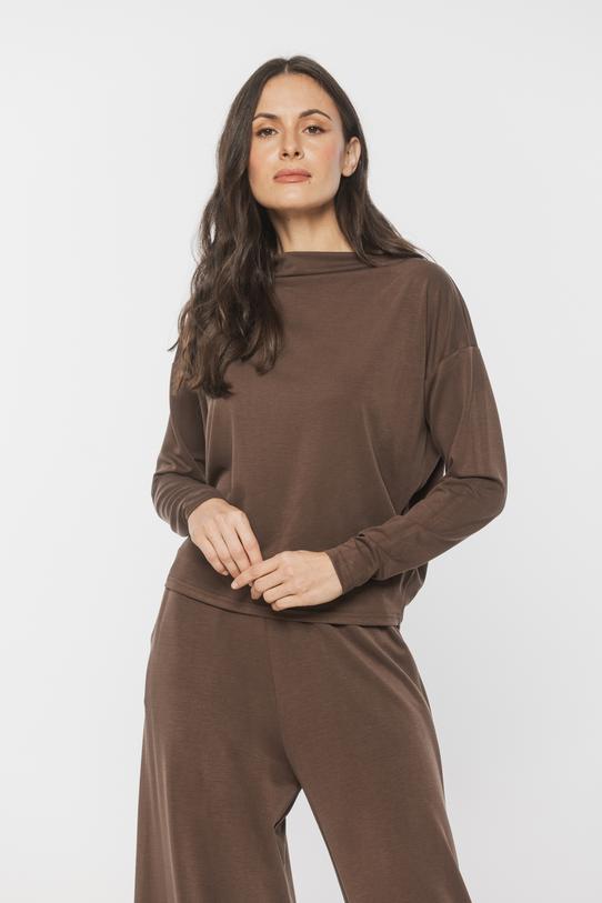 Luźna dzianinowa bluzka w odcieniu brązu z długim rękawem - 2