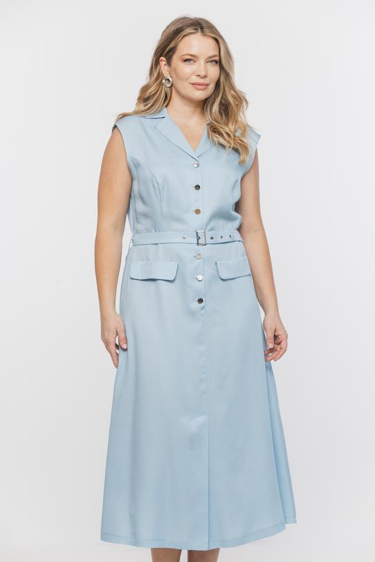 Niebieska sukienka z kołnierzykiem i paskiem - 2