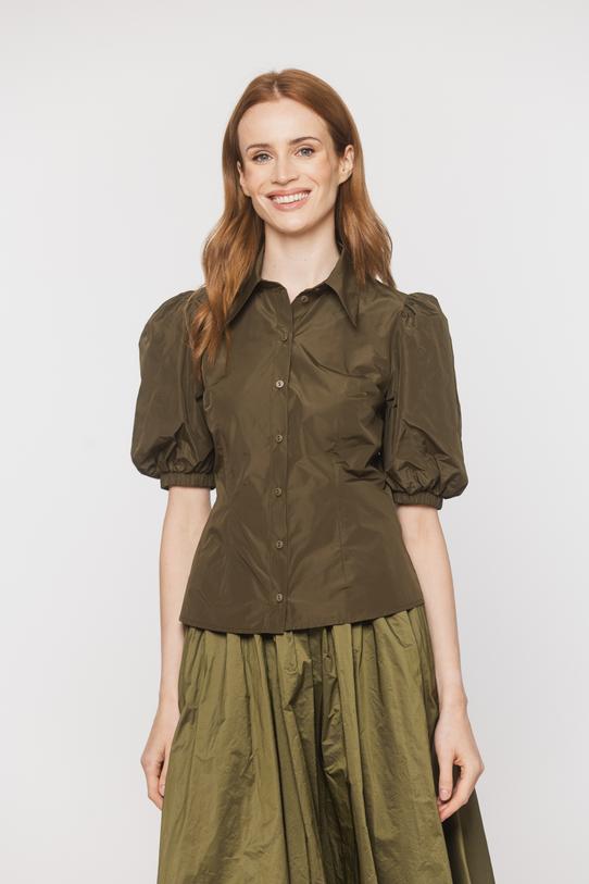 common:product-alt-prefix An olive-coloured taffeta shirt with puff sleeves and short sleeves