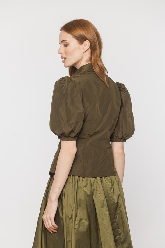 An olive-coloured taffeta shirt with puff sleeves and short sleeves - 2