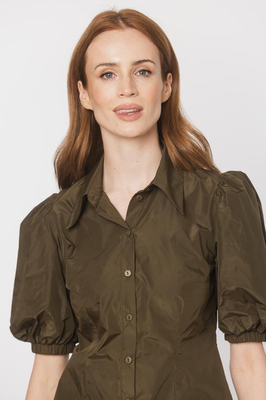 An olive-coloured taffeta shirt with puff sleeves and short sleeves - 3