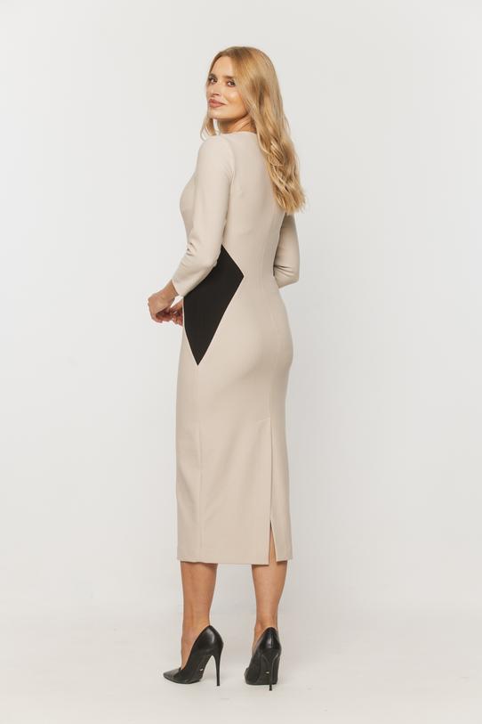 Ołówkowa beżowa sukienka z wyszczuplającą wstawką w talii - 3