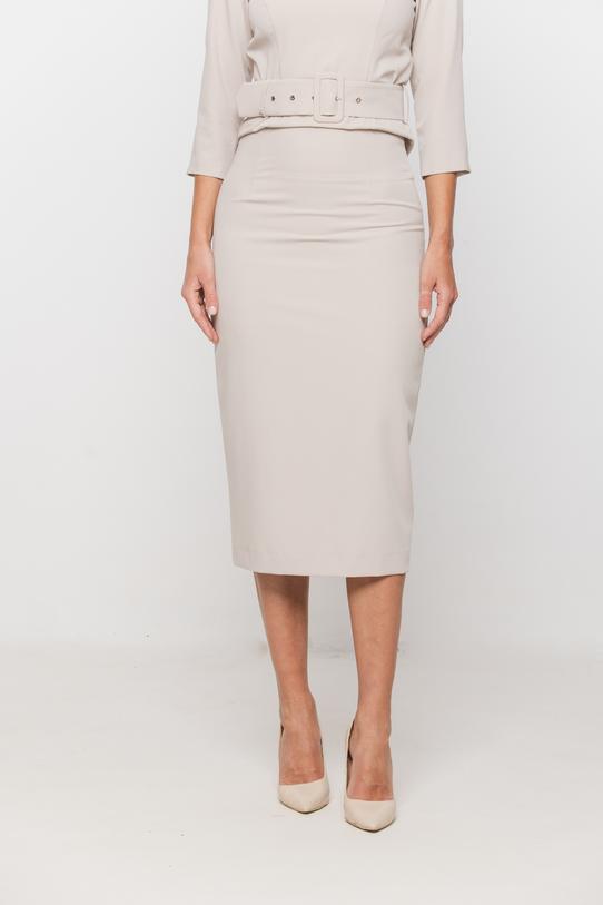 Ołówkowa spódnica za kolano z beżowej tkaniny - 2