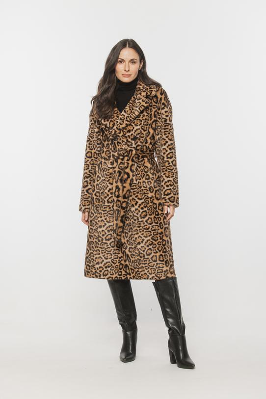 Wizualizacja Panterkowy beżowy płaszcz syntetycznego futerka