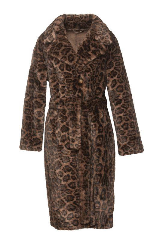 Panterkowy brązowy płaszcz syntetycznego futerka - 1