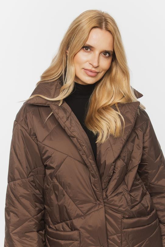 Pikowana brązowa kurtka z wykładanym kołnierzem - 5