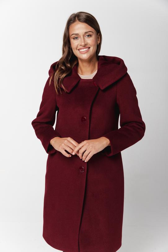 Bordowy płaszcz z alpaką i dużym kapturem - 2