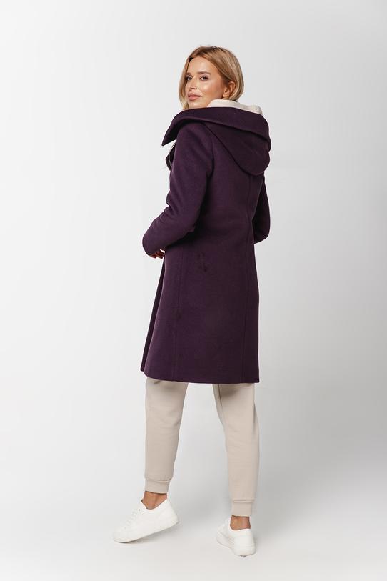 Śliwkowy płaszcz z alpaką i dużym kapturem - 1