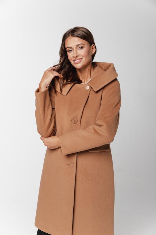 Biszkoptowy płaszcz z alpaką i dużym kapturem - 2