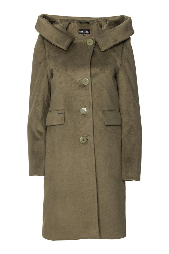 Oliwkowy płaszcz z alpaką i dużym kapturem - 1