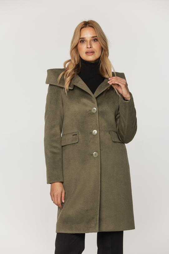 Oliwkowy płaszcz z alpaką i dużym kapturem - 2