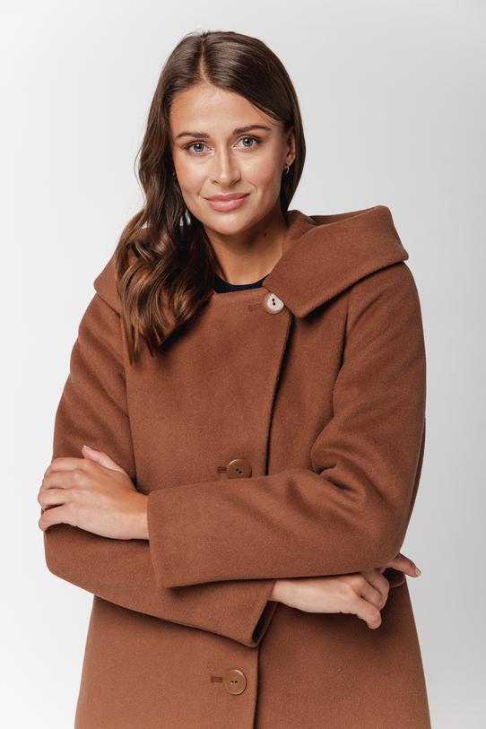 Brązowy płaszcz z alpaką i dużym kapturem - 1